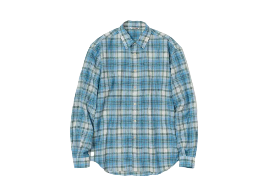 AURALEE Airy Wool Check Shirt "Blue"