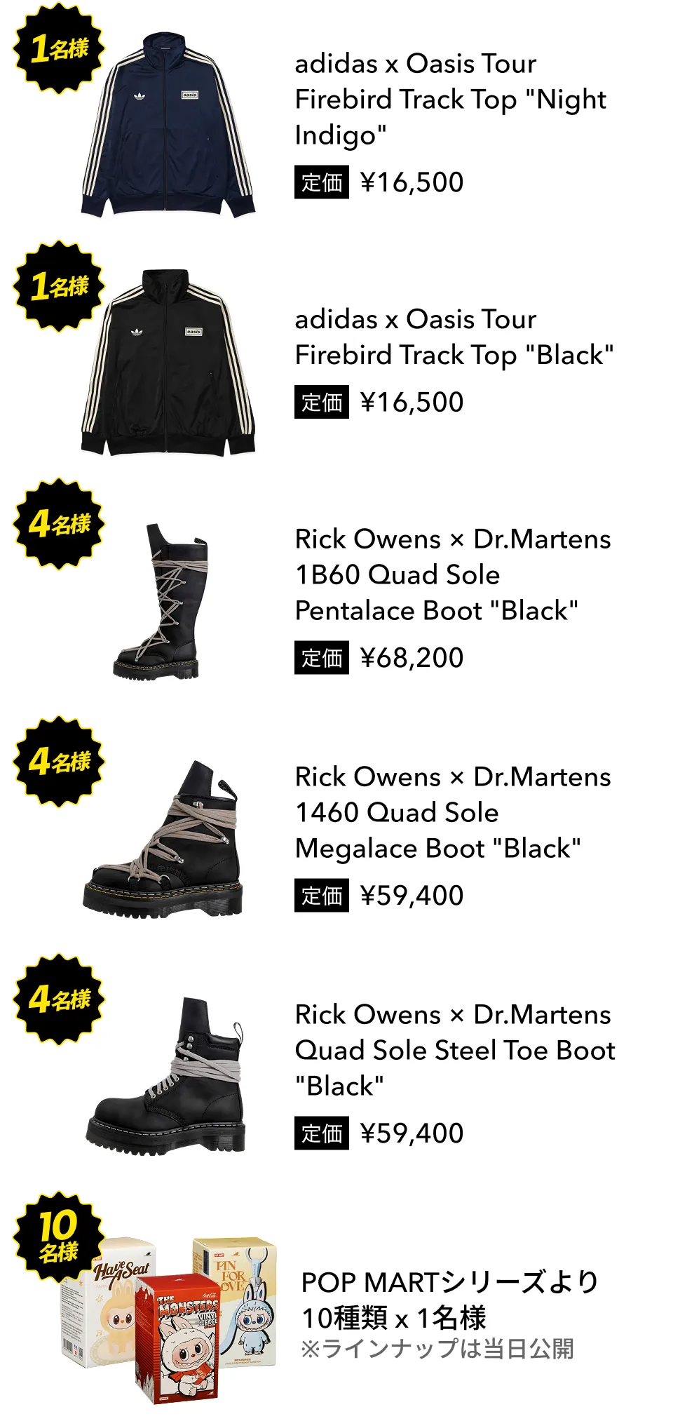 1等~4等、10名の商品リスト