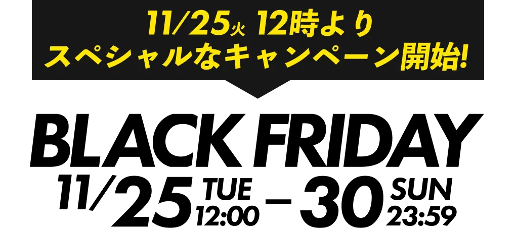 11/25 12時よりスペシャルなキャンペーン開始! BLACK FRIDAY 11/25 THU - 30 SUN 0:00 - 23:59